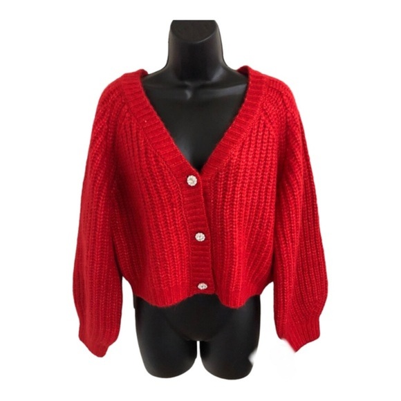 Jessica Simpson red chunky knit fuzzy bejeweled button v-neck cardigan size M - Picture 4 of 16